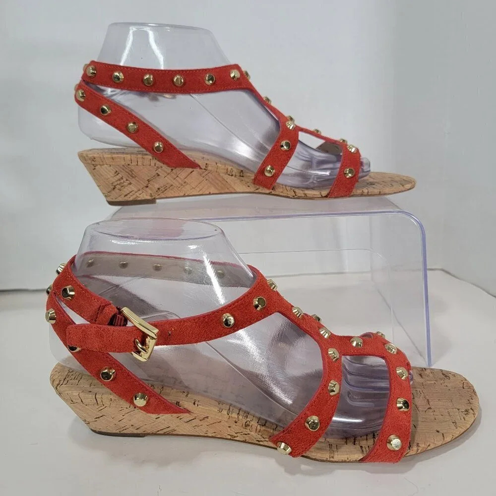 Michael Kors Women’s 9 Cork Wedge Orange Suede Studded Strappy Thong Sandals‎